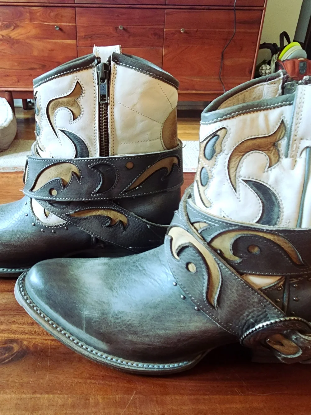 freebird Tash Three-Tone Blue, Brown and Cream Leather Western Ankle Boots